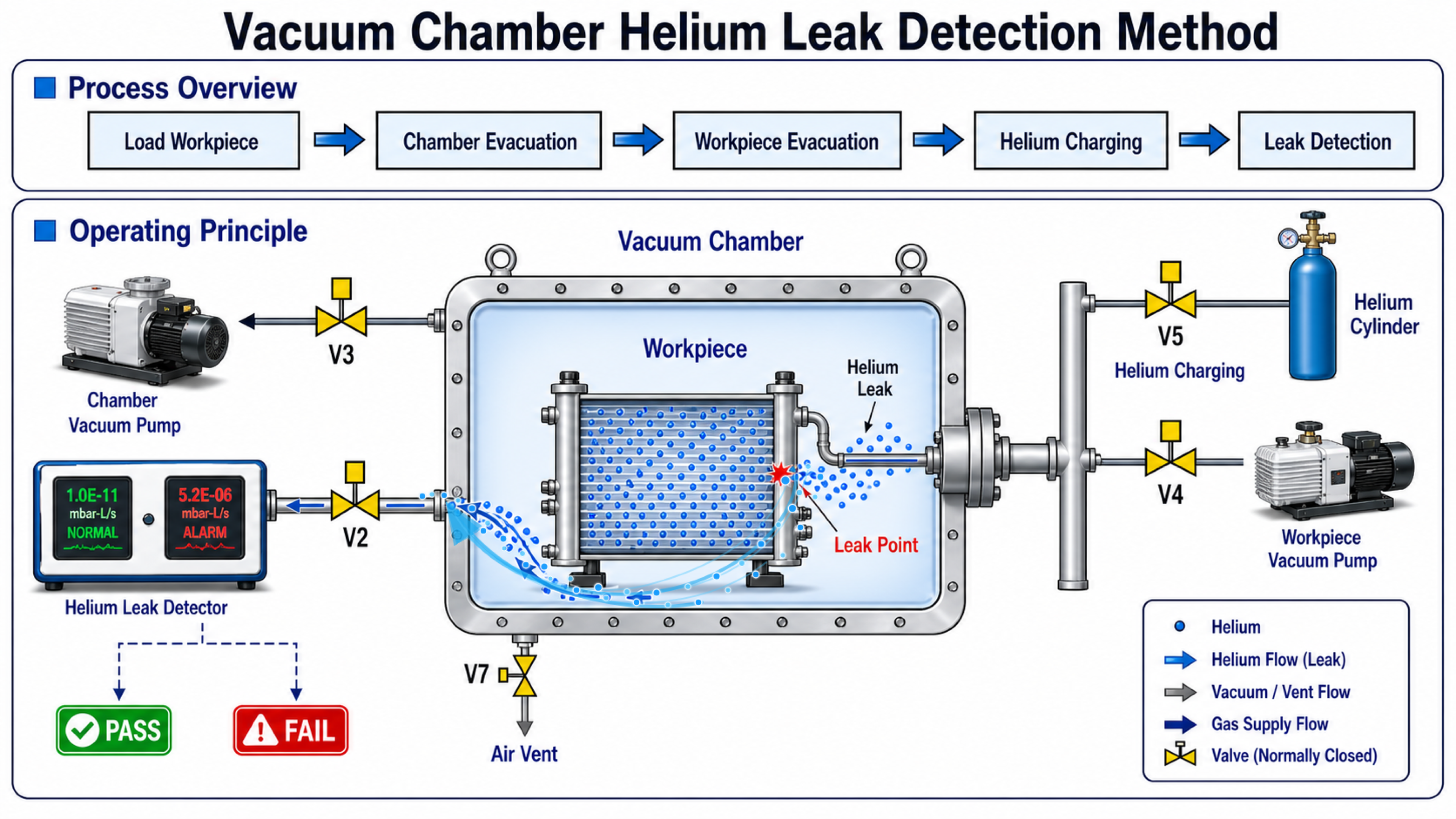 Vacuum chamber helium leak detection method workflow showing chamber evacuation, workpiece evacuation, helium filling, V2 sampling, and helium leak detector judgement