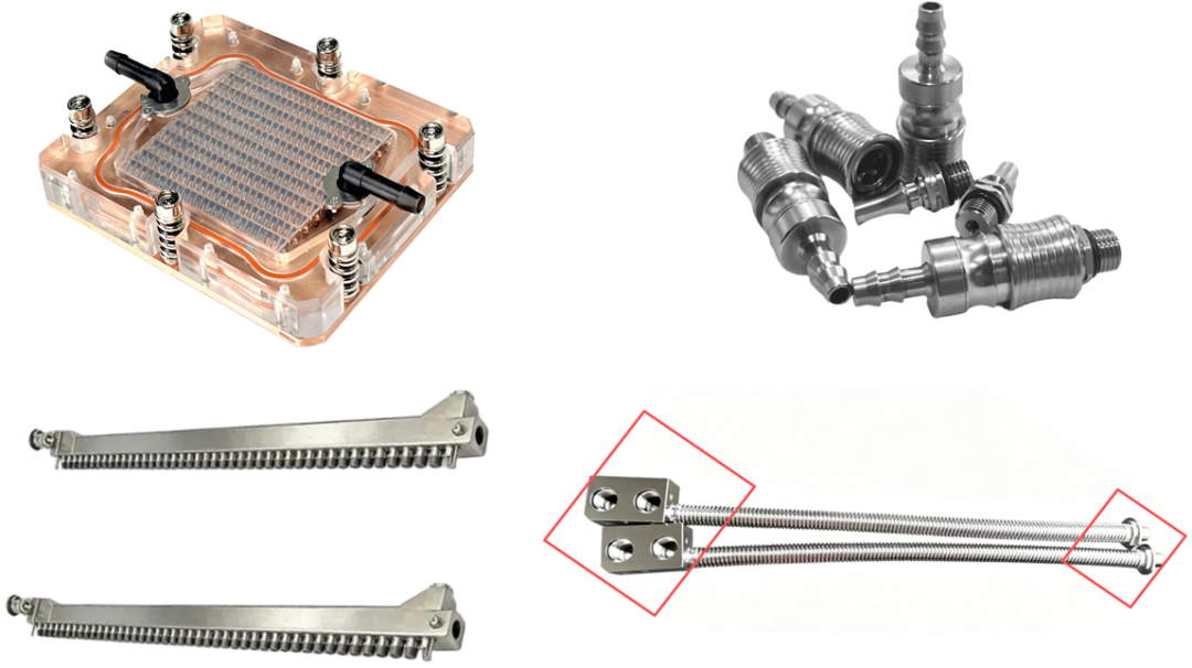 Liquid cooling cold plates, fittings, manifolds, and bellows interface components